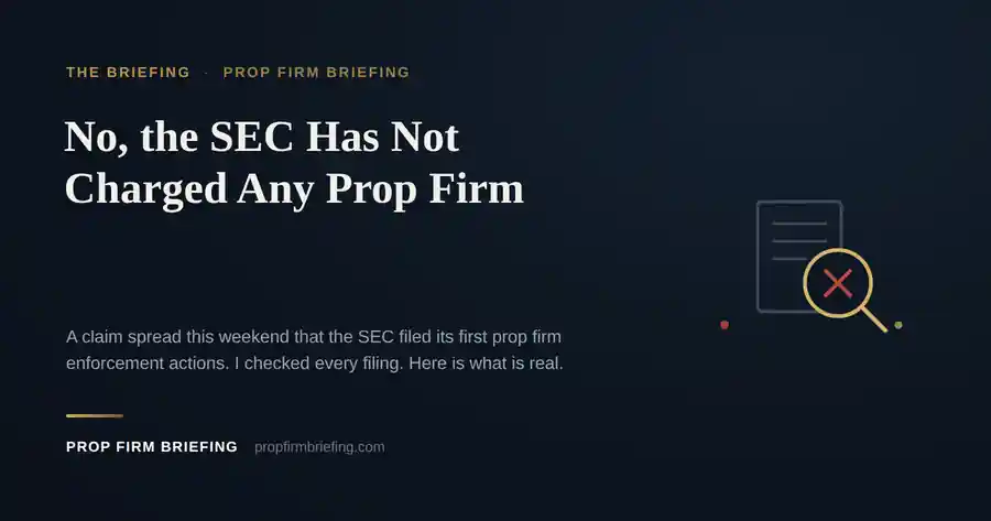 Prop Firm Briefing header: No, the SEC Has Not Charged Any Prop Firm